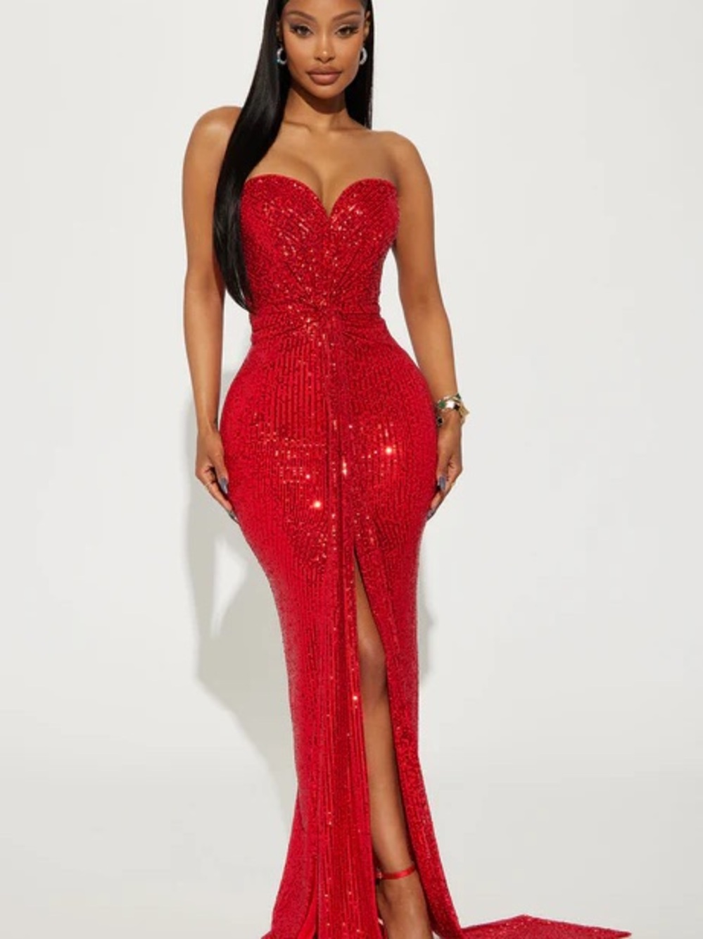 Fashion Nova Strapless Red Sequin Maxi Gown